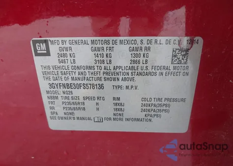 2015 Cadillac Srx Luxury Collection z USA, uszkodzony, nr VIN 3GYFNBE30FS578136